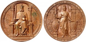 EUROPA. - STRASBOURG. - Stadt. 
Bronzemedaille 1877 (von K. Schwenzer, 60,2 mm), auf den Besuch von Kaiser Wilhelm I. Thro­nender Kaiser / Stehende S...