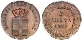 EUROPA. GRIECHENLAND. Otto I. von Bayern, 1832-1862. 
5 Lepta 1833, München. Divo 21a PCGS MS 65 BN, St