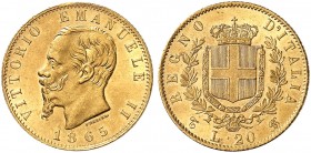 EUROPA. ITALIEN. - Königreich. Victor Emanuel II., 1861-1878. 
20 Lire 1865, Turin. Friedb. 11, Pagani 459, Schlumb. 42 Gold min. Kr., vz+