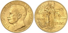 EUROPA. ITALIEN. - Königreich. Victor Emanuel III., 1900-1946. 
50 Lire 1911, Rom, 50 Jahre Königreich. Friedb. 25, Pagani 656, Schlumb. 86 Gold vz