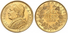 EUROPA. - VATIKAN. Pius IX., 1846-1878. 
20 Lire 1868, A XXIII, Rom. Friedb. 280, Munt. 42, Pagani 534, Schlumb. 157 Gold vz