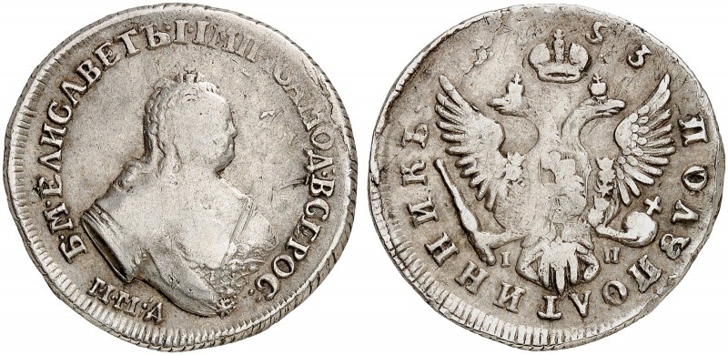 EUROPA. RUSSLAND. Elisabeth I., 1741-1761. 
Polupoltinnik 1753, Moskau. Uzd. 85...