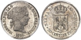 EUROPA. SPANIEN. - Königreich. Isabel II., 1833-1868. 
20 Centimes 1866, Madrid. C. C. 15397 RR ! PCGS MS 62, vz - St