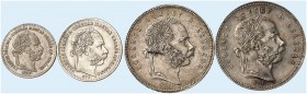 EUROPA. UNGARN. Franz Joseph I., 1848-1916. 
Lot von 4 Stück: 20 Kreuzer 1868, 1 Forint 1868, 1869, 10 Kreuzer 1869, Karlsburg. Her. 697, 595, 596, 7...