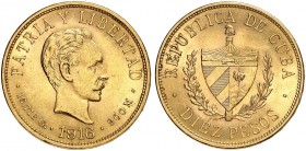 ÜBRIGES AUSLAND. KUBA. - Republik seit 1902. 
10 Pesos 1916. Friedb. 3, KM 20 Gold min. Rdf., vz
