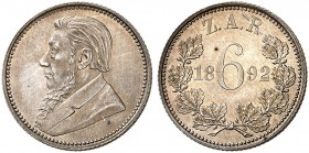 ÜBRIGES AUSLAND. SÜDAFRIKA. - Republik seit 1852. 
6 Pence 1892. KM 4 Kr., PP