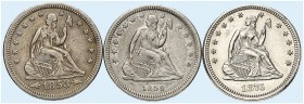 ÜBRIGES AUSLAND. USA. 
Lot von 3 Stück: ¼ Dollar 1853 arrows at date, rays, 1859, 1876, Liberty Seated Type. Yeo. 9a, 9, 9c ss, Kr., vz