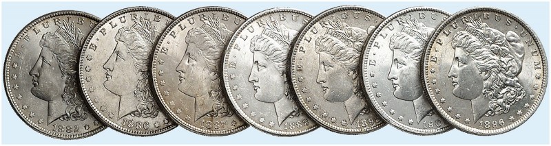 ÜBRIGES AUSLAND. USA. 
Lot von 7 Stück: 1 Dollar 1882, 1886, 1887, 1888, 1896, ...