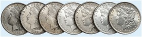 ÜBRIGES AUSLAND. USA. 
Lot von 7 Stück: 1 Dollar 1882, 1886, 1887, 1888, 1896, 1898, 1902, Morgan Type. Yeo. 18 vz - St