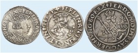 Ferdinand I., 1521-1564. 
Lot von 3 Stück: Sechser o. J. (1524/1525), Hall, 3 Kreuzer 1549, Linz, 10 Kreuzer 1561, Hall. Hahn 30, 51, 126 kl. Kr., f....