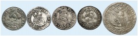Erzherzog Karl, 1564-1590. 
Lot von 5 Stück: 3 Kreuzer 1590, Graz, Erzherzog Leopold V., 10 Kreuzer 1632, 3 Kreuzer o. J., Hall, Erzherzog Ferdinand ...