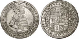 Erzherzog Ferdinand I., 1564-1595. 
Guldentaler zu 60 Kreuzer 1572, Hall. Dav. 52, Voglh. 90 / III, M. / T. 221 vz / vz+