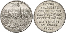 Leopold I., 1657-1705. 
Silbermedaille 1683 (unsigniert, 27,7 mm), auf die Belagerung und den Entsatz der Stadt Wien. Wappen über Stadtansicht / Schr...