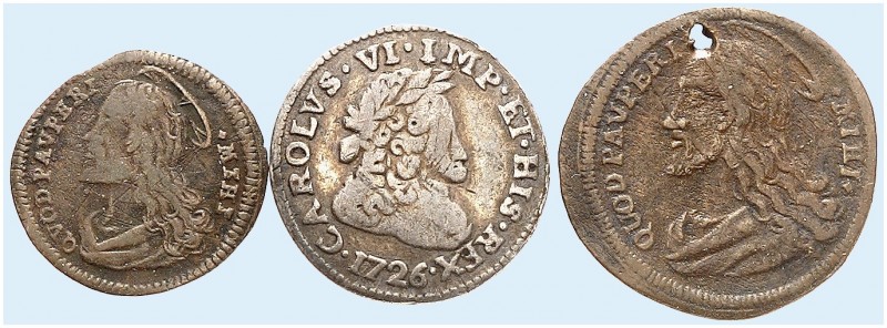 Karl VI., 1711-1740. 
Lot von 3 Stück: 10 Soldi 1726, Mailand, 1, 4 Pfennig 172...