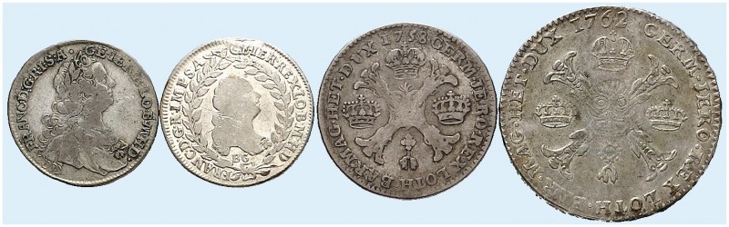 Franz I., 1745-1765. 
Lot von 4 Stück: ½ Kronentaler 1758, Kronentaler 1762, Br...