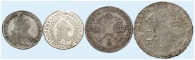 Franz I., 1745-1765. 
Lot von 4 Stück: ½ Kronentaler 1758, Kronentaler 1762, Brüssel, 17 Kreuzer 1762, 15 Kreuzer 1765, Kremnitz (Hksp.). Her. 230, 2...