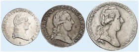 Joseph II., 1765-1790. 
Lot von 3 Stück: Kronentaler 1783, Brüssel, ¼ Kronentaler 1788, Kremnitz, ½ Kronentaler 1789, Wien. Dav. 1284, Voglh. 298, He...
