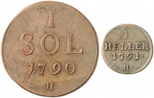 Leopold II., 1790-1792. 
Lot von 2 Stück: 1 Sol 1790, Günzburg, für Luxemburg, 1 Heller 1791, Günzburg. Her. 106, 100, Pr. L 261-1 ss
