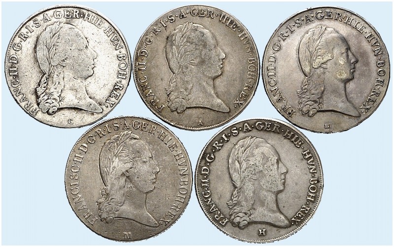 Franz II. (I.), 1792-1835. 
Lot von 5 Stück: Kronentaler 1796, Wien, Kremnitz, ...