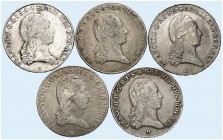 Franz II. (I.), 1792-1835. 
Lot von 5 Stück: Kronentaler 1796, Wien, Kremnitz, Prag, Günzburg, Mailand. Dav. 1180, Voglh. 307, Her. 466, 472, 475, 48...