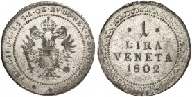 Franz II. (I.), 1792-1835. 
1 Lira 1802, Wien, für Venedig. Her. 582 min. ZE, ss
