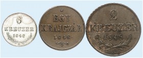 Revolution, 1848-1849. 
Lot von 3 Stück: Kreuzer 1848, Kremnitz, 2, 6 Kreuzer 1848, Wien. Her. 382, 381, 378 ss, vz