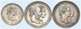 Franz Joseph I., 1848-1916. 
Lot von 3 Stück: Gulden, Doppelgulden 1854, Wien, auf seine Vermählung, Doppelgulden 1879, Wien, auf die Silberhochzeit....