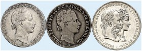 Franz Joseph I., 1848-1916. 
Lot von 3 Stück: Vereinstaler 1857, Wien, 1865, Kremnitz, Doppelgulden 1879, Wien, Silber­hochzeit. Thun 445, 446, 464, ...