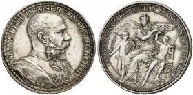 Franz Joseph I., 1848-1916. 
Silbermedaille 1888 (von A. Scharff, 36,7 mm), auf die Kunstausstellung in Wien. Brustbild / Sitzende Ars zwischen zwei ...