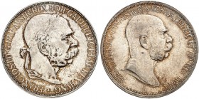 Franz Joseph I., 1848-1916. 
Lot von 2 Stück: 5 Kronen 1900, 1908, Wien, Regierungsjubiläum. Dav. 34, 35, Her. 769, 771 vz - St