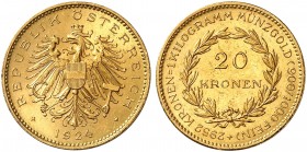 - 1. Republik, 1918-1934. 
20 Kronen 1924. Friedb. 519, Her. 4, Schlumb. 678 Gold min. Rdf., vz