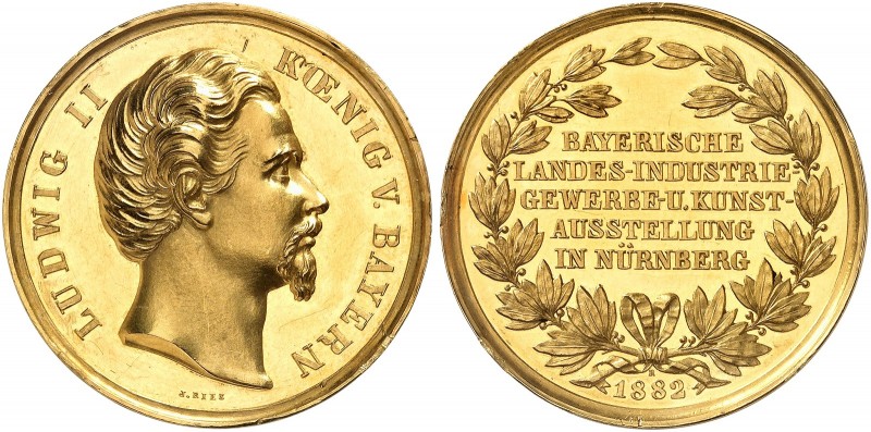 BAYERN. Ludwig II., 1864-1886. 
Goldene Preismedaille 1882 (von J. Ries, 37,8 m...