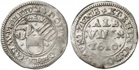 HANAU - MÜNZENBERG. Philipp Ludwig II., 1580-1612. 
Albus zu 8 Pfennig 1610, Hanau. Suchier 46 RR ! l. Prägeschwäche, ss - vz