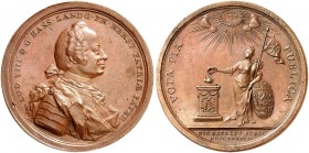 HESSEN - DARMSTADT. Ludwig VIII., 1739-1768. 
Bronzemedaille 1747 (von Vestner, 49,3 mm), auf seinen 56. Geburtstag. Brustbild / Opfernde Hassia an A...