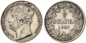 HOHENZOLLERN - SIGMARINGEN. Carl, 1831-1848. 
½ Gulden 1847. AKS 13, J. 12b kl. Rdf., ss