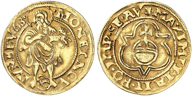 LÜNEBURG. - Stadt. 
Goldgulden 1568, mit Titel Maximilian II. Friedb. - , Mader...