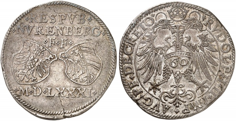 NÜRNBERG. - Stadt. 
Guldentaler zu 60 Kreuzer 1581, mit Titel Rudolph II. Dav. ...