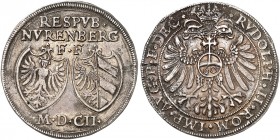 NÜRNBERG. - Stadt. 
Guldentaler zu 60 Kreuzer 1602, mit Titel Rudolph II. Dav. 89, Kellner 148, Slg. Erl. 255 min. Korrodiert, ss / ss+
