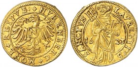 NÜRNBERG. - Stadt. 
Goldgulden 1623. Friedb. 1817, Kellner 31, Slg. Erl. 337 Gold Prüfspur am Rand, ss - vz
