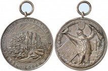 SCHÜTZENMEDAILLEN. Singen. 
Tragbare Silbermedaille 1913 (von B. H. Mayer, 40,4 mm), auf das Preisschiessen. Ruine Hohentwil / Jubelnder Schütze. Slg...