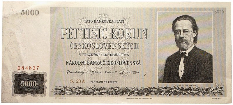AUSLAND. TSCHECHOSLOWAKEI. 
Lot von 12 Scheinen: 20 Korun (1945, kassenfrisch),...