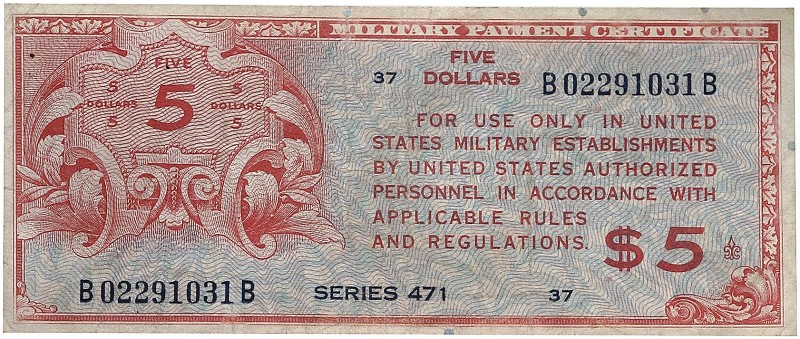 AUSLAND. USA. Military Payment Certificates. 
Lot von 3 Scheinen: 5 (2x, 1 Expl...