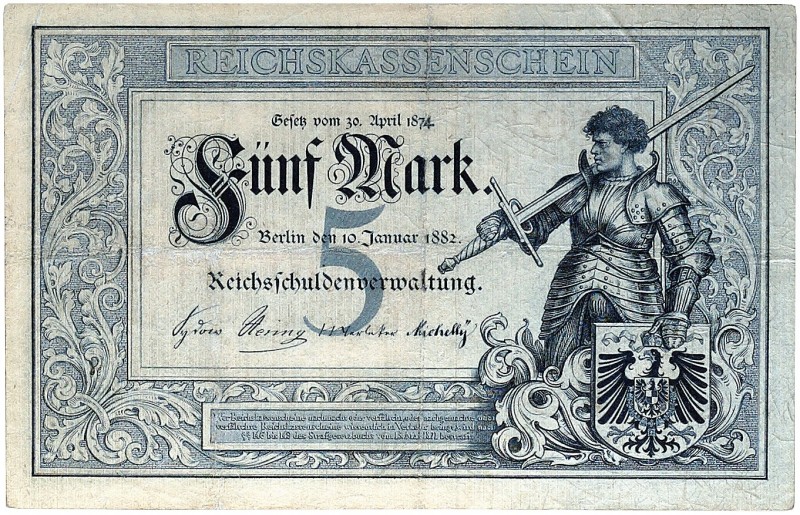 DEUTSCHLAND. KAISERREICH. 
5 Mark 10. 1. 1882, Serie Q Ros. 6, Gra. Deu-48 gebr...