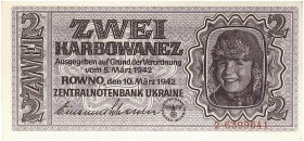 DEUTSCHLAND. 2. WELTKRIEG. Zentralnotenbank Ukraine. 
2 Karbowanez 10. 3. 1942. Ros. 592, Gra. ZWK-48 kassenfrisch
