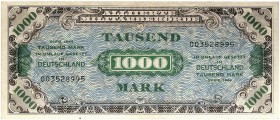 DEUTSCHLAND. ALLIIERTE MILITÄRBEHÖRDE. 
Lot von 31 Scheinen: ½ (2x), 1, 5 (3x), 20 (3x), 100, 1000 Mark 1944, U. S. - Druck (l. gebraucht), 1/2, 1 (3...