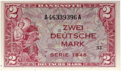 DEUTSCHLAND. BUNDESREPUBLIK DEUTSCHLAND. 
Lot von 2 Scheinen: 2 Deutsche Mark 1948 A/A. Ros. 234a, Gra. WBZ-3 f. kassenfrisch