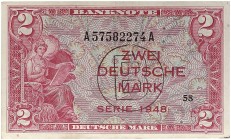 DEUTSCHLAND. BUNDESREPUBLIK DEUTSCHLAND. 
Lot von 2 Scheinen: 2 Deutsche Mark 1948 A/A, mit „B“ Stempel. Ros. 235a, Gra. WBZ-15a l. gebraucht