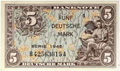 DEUTSCHLAND. BUNDESREPUBLIK DEUTSCHLAND. 
Lot von 2 Scheinen: 5 Deutsche Mark 1948 B/A. Ros. 236a, Gra. WBZ-4a f. kassenfrisch u. kassenfrisch