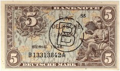 DEUTSCHLAND. BUNDESREPUBLIK DEUTSCHLAND. 
5 Deutsche Mark 1948 B/A mit „B“ Stempel. Ros. 237a, Gra. WBZ-16a f. kassenfrisch
