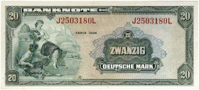 DEUTSCHLAND. BUNDESREPUBLIK DEUTSCHLAND. 
Lot von 9 Scheinen: 20 Deutsche Mark Serie 1948. Ros. 240, Gra. WBZ-6 meist gebraucht - l. gebraucht